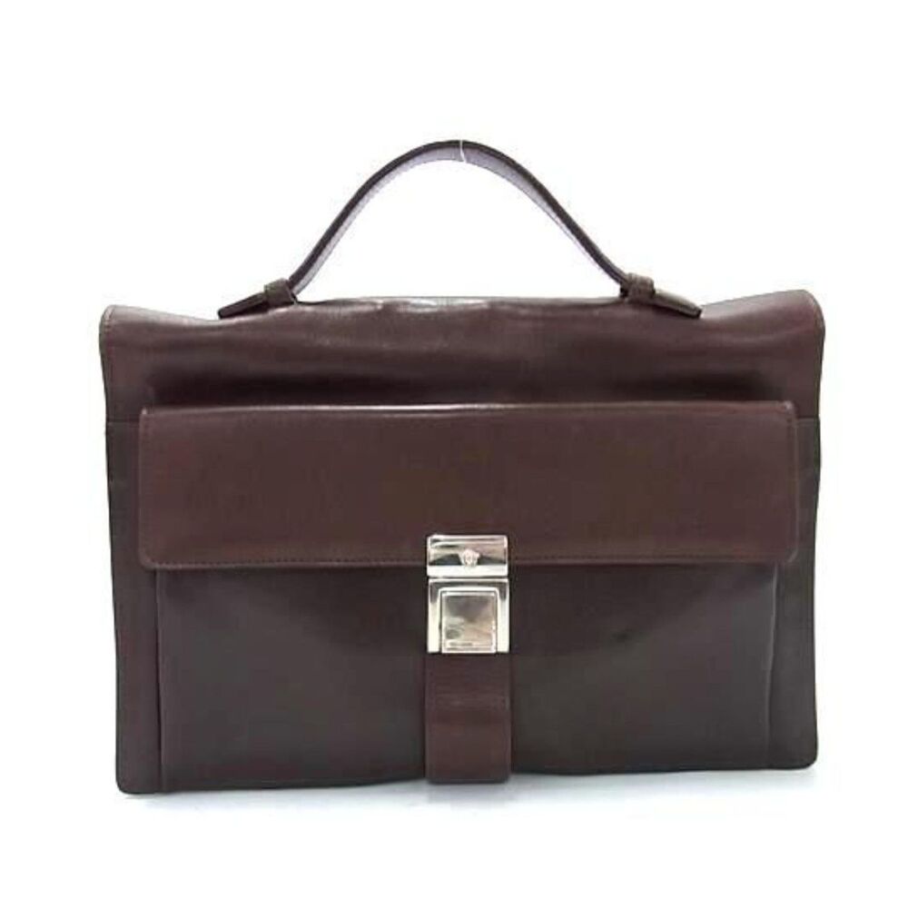 Versace (Authentic) Brown Leather Document Holder Top Handle Vintage Bag, VGUC